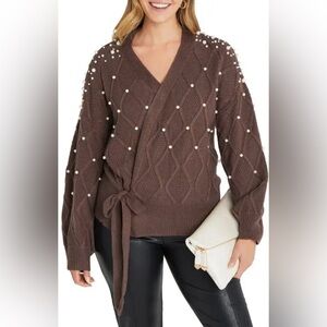 VICI COLLECTION Pearl 
Embellished Wrap Sweater In Brown never worn, size small
